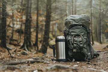 Backpack, Thermos and Travel Mug in Forest Banner with Copy Space, Hiking Equipment on Footpath
