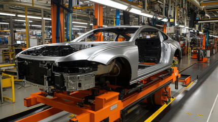 Fototapeta premium Robotic arms works on factory on manufacture of cars. Industrial robotic welders weld the car body on the Assembly line. 