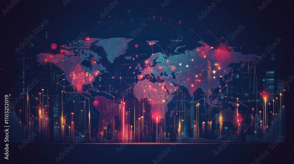 Aufkleber global network connection, digital world map with data flow and cityscapes.