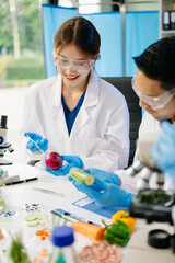 Dynamic scene of food scientists using microscopes and pipettes in a lab,