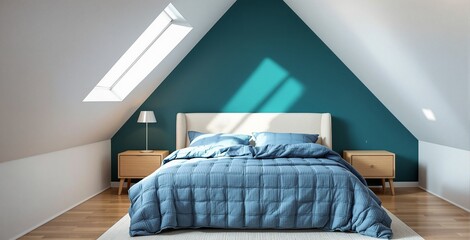 Modern Attic Bedroom with Blue Bedding and Skylights