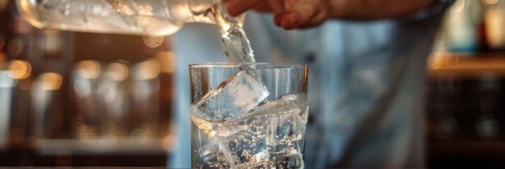 Obraz premium Pouring drink in bar, barman hands pour gin, glass with ice closeup, professional bartender working
