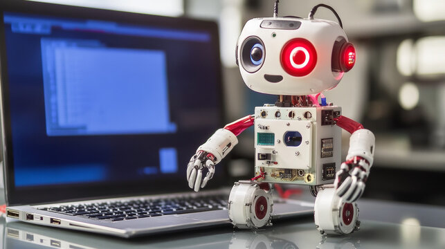 Arduino DIY robot connection with laptop. Programming of microcontroller of electronic toy moving platform with AI. Education teens to engineering construction, coding microchips. Learning of kids