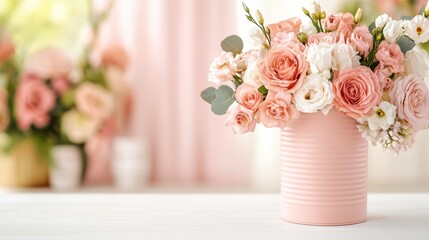 Obraz premium Elegant pink and white roses in a pastel vase brighten a serene room, AI