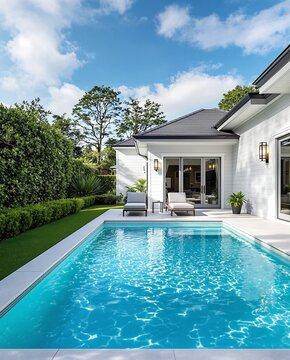Serene Modern Backyard Pool with Lush Greenery and Sunlit Patio