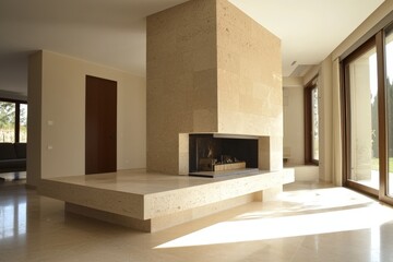 Fototapeta premium a minimalist stone fireplace in the living room of a country house