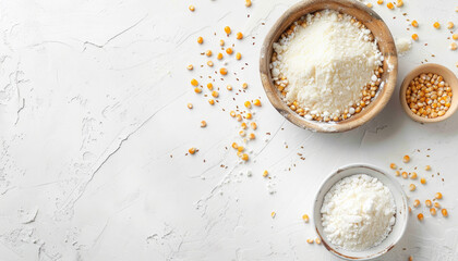 Obraz premium Bowls of corn flour, corn starch, and whole corn kernels
