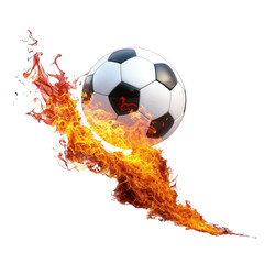 Close Up to a Soccer Ball Flying with Burning Fire Flame PNG isolated on white and transparent background