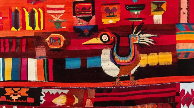 COLORFUL PERUVIAN RUG with bird-headed creature texture, texture, full size flat, Frazada, blanket, Natural colors, Carpet, Premium Quality, Teppich, winter, textile, vintage
