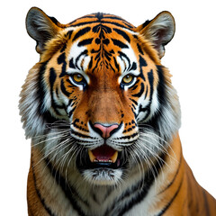 Obraz premium Close-up portrait of a tiger's face. The tiger's orange, black, and white stripes, sharp teeth, and intense stare are prominent. The background is transparent.