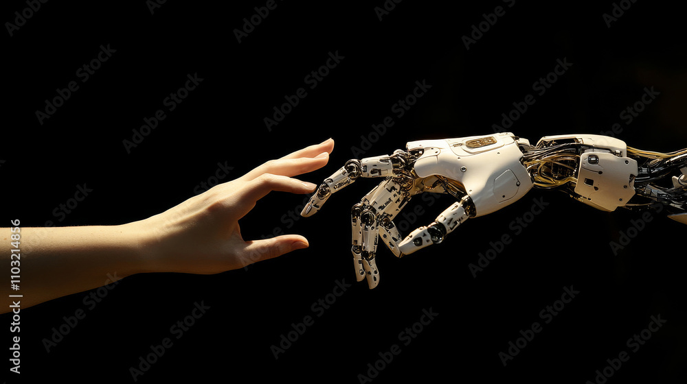 Poster artificial robot hand touch human hand. symbol of connection and interaction, people and artificial 