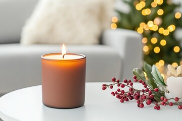 Mock up for candle label on bright living room backgrounds. ai generated