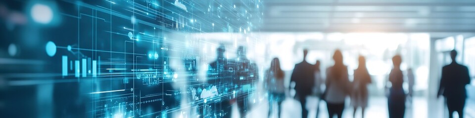 Silhouetted people in corporate setting with digital overlay
