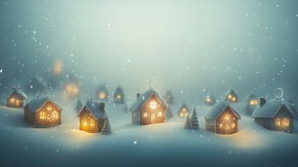 Fototapeta premium Cozy winter village scene with snow falling and houses glowing warmly.