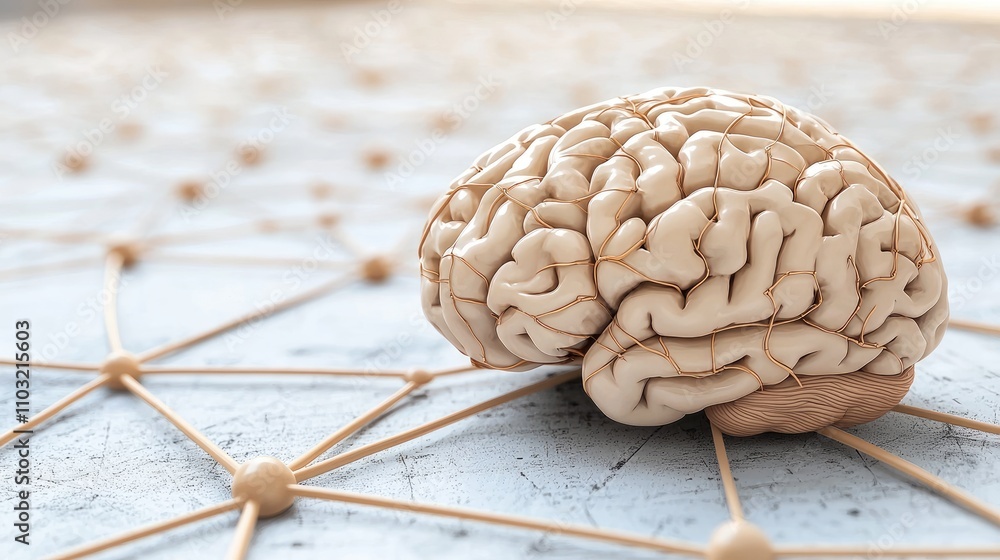 Poster exploring neural connections in a human brain model scientific examination modern lab close-up view 