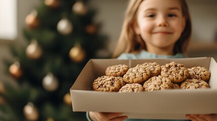 Naklejka premium Young Girl Holding Box of Homemade Cookies