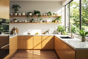 Modern Kitchen Interior with Abundant Natural Light and Greenery