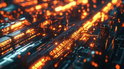 A detailed shot of a server room, with rows of glowing digital