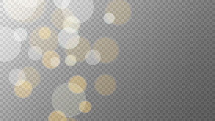 Bokeh lights. Blurred overlay template. Abstract blur light effect. Transparent background. Vector illustration.