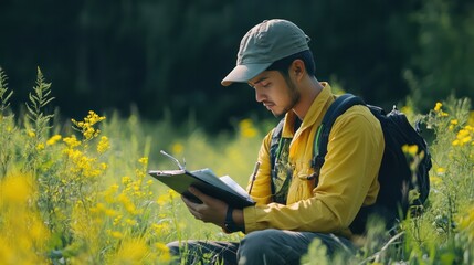 A professional protecting wildlife habitats, set on a clean green backdrop for stewardship