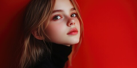 Fototapeta premium Serene Portrait of a Woman with Blonde Hair in Red Background