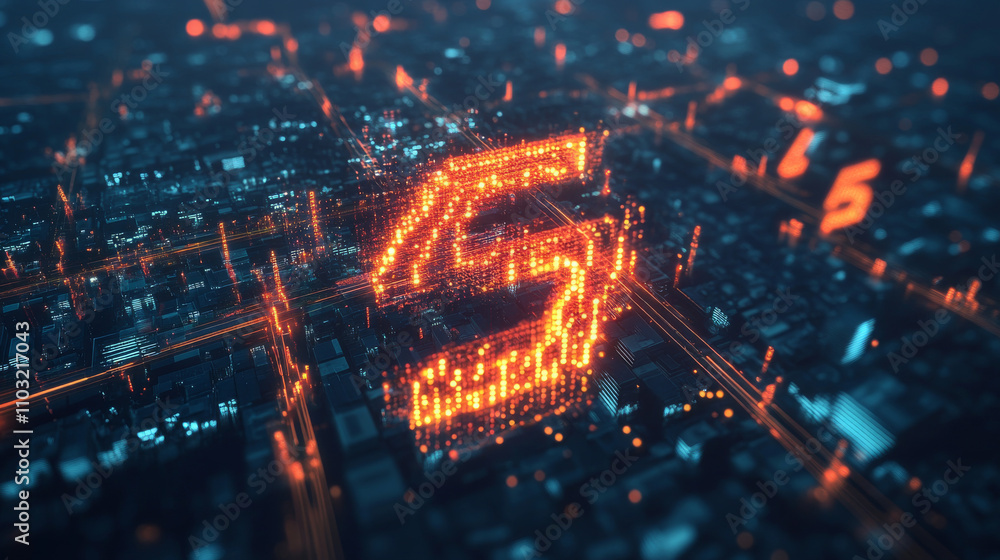 Poster 5g sign arrow consist digits matrix. global high speed internet via wireless network concept. modern