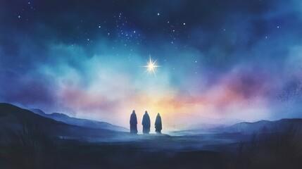 A serene watercolor of the Three Wise Men traveling through digital