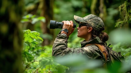 Fototapeta premium A ranger monitoring forest health, framed by a lush green environment for guardianship