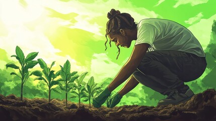 A reforestation volunteer planting saplings in a deforested area, with a vibrant green background symbolizing hope