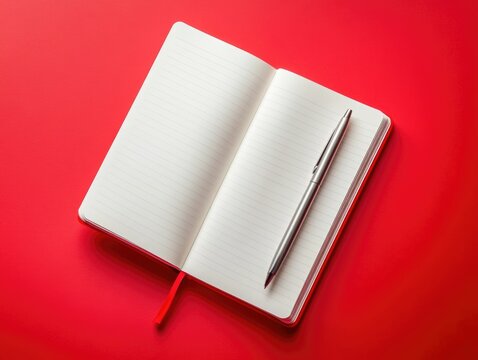 Stylish Red Notebook on a Red Surface with Pens