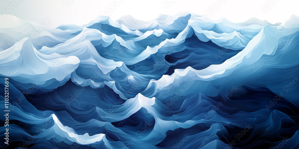 Poster elegant and playful abstract background with white and blue wave and peak patterns on white - wide s