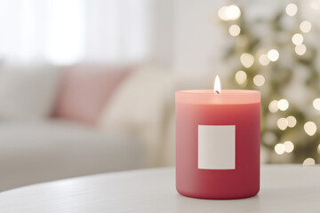 Mock up for candle label on bright living room backgrounds. ai generated