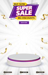 super sale discount portait template banner with blank space 3d podium for social media post product sale with abstract gradient white background design 10