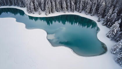 Obraz premium Crystal clear winter lake surrounded by snow-covered pine trees in a serene winter wonderland at sunrise. Generative AI