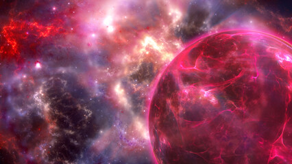 Nebula and red gas planet in space. Fractal art background.