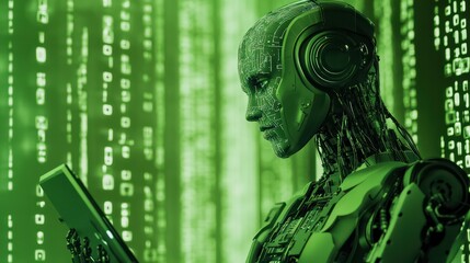 A robotics expert programming advanced systems, with a vibrant green background symbolizing innovation