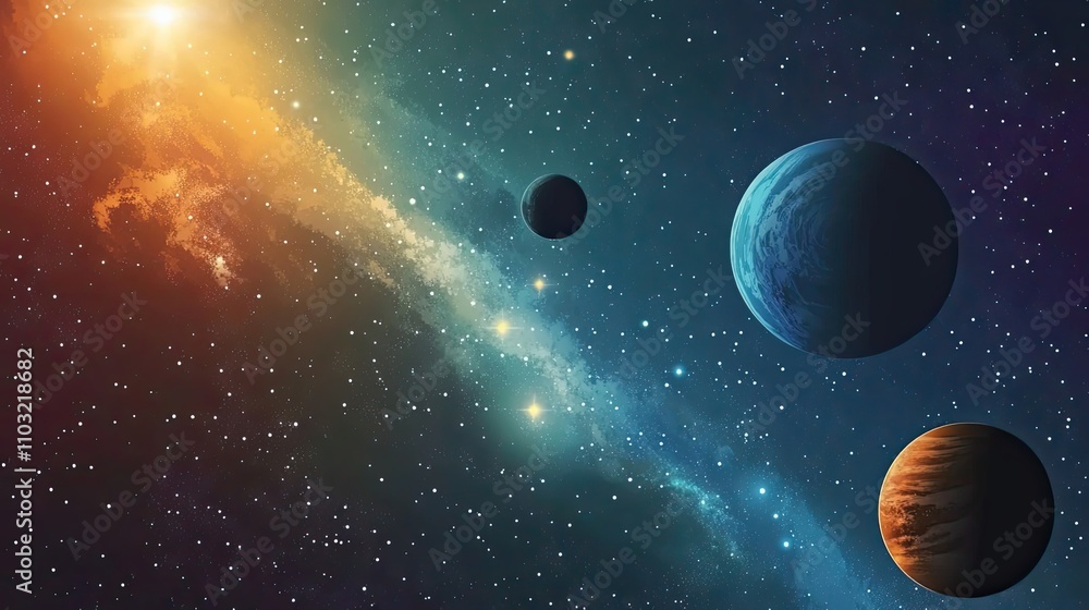 Poster celestial bodies orbiting within a colorful nebula