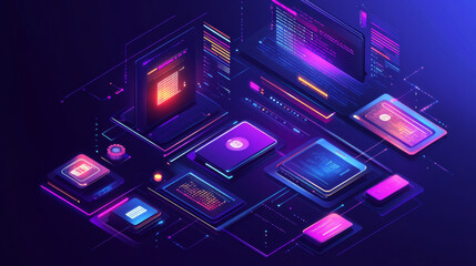 Technology of Software development, web design, programming concept. Program code on screen laptop, phone, code of program, data, interface elements on screen laptop. Software development Tech Banner