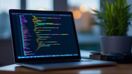 Technology of Software development, web design, programming concept. Program code on screen laptop, phone, code of program, data, interface elements on screen laptop. Software development Tech Banner