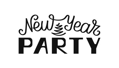 Obraz premium Calligraphy lettering New Year Party designed with festive tree. Hand drawn phrase representing celebration and joy on winter holidays. Black words on white background.