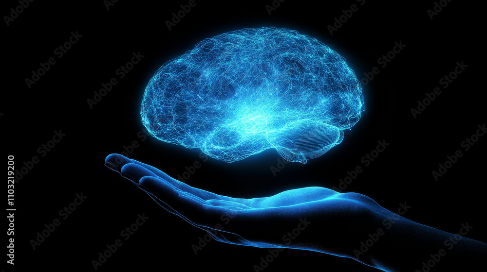 Poster circuit board in shape electronic brain with gyrus, symbol ai hanging over hand. symbol of computer 