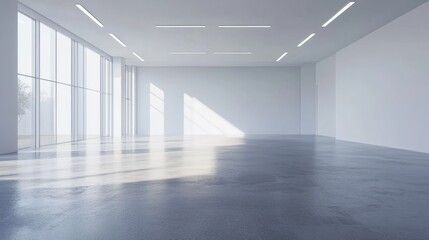 3D rendering of modern office interior with exposed concrete floors and white walls