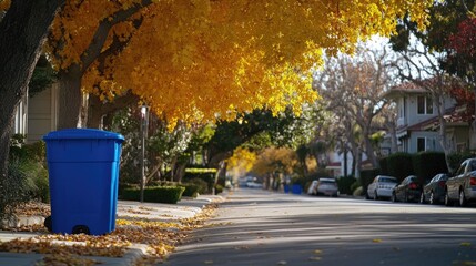Fototapeta premium Scenic Autumn Street with Blue Trash Bin and Colorful Leaves