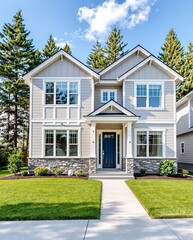 Modern Two-Story Suburban Home with Stone Accents and Lush Greenery