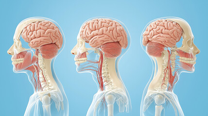 3D schematic of syphilis progression in nervous system, showing brain and nerves in human skulls. image illustrates impact on nervous system with detailed anatomy