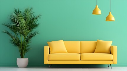 Modern Living Room with Yellow Couch and Green Wall