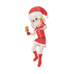 Creative Cartoon Girls Santa Claus.A Santa Claus girl walks with both hands holding a golden bell. 3D Character Design