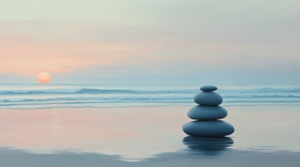 Stack of smooth zen stones on a sandy beach with gentle digital