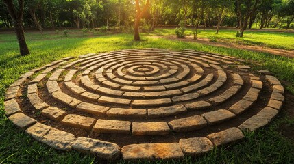 Serene Stone Labyrinth in a Lush Green Forest Setting at Sunset
