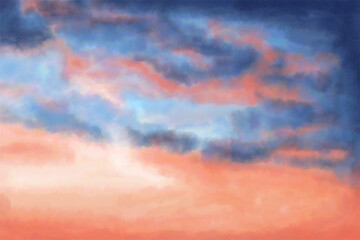 Sunset evening light and fiery orange sunset, orange sky and blue clouds, beautiful wallpaper, beautiful bright sky, beauty of the world, watercolor painted vector illustration.